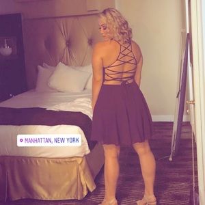 Purple, unique back, flowy, short dress! Low zipper, great for hiding the tummy